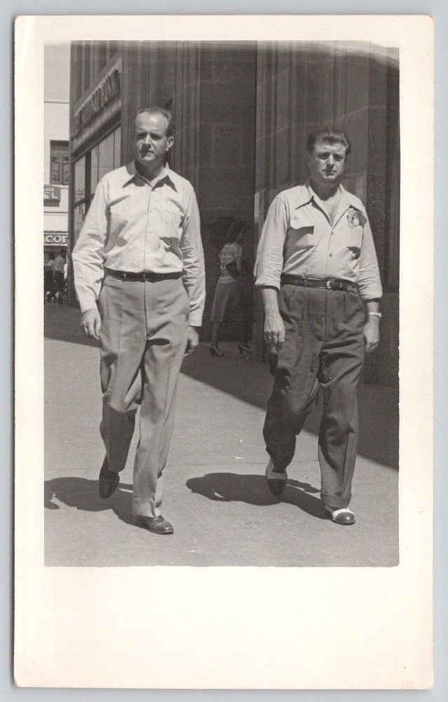 1940s Stockton California RPPC Candid Men Walking Downtown Street Scene
