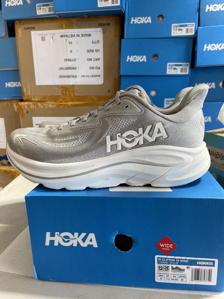 Hoka Men's Clifton 10 Wide 2E Running Shoes in Stellar Grey Size 13