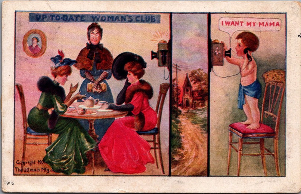 1907 Humorous Postcard Up-To-Date Woman's Club I Want My Mama Telephone Comic