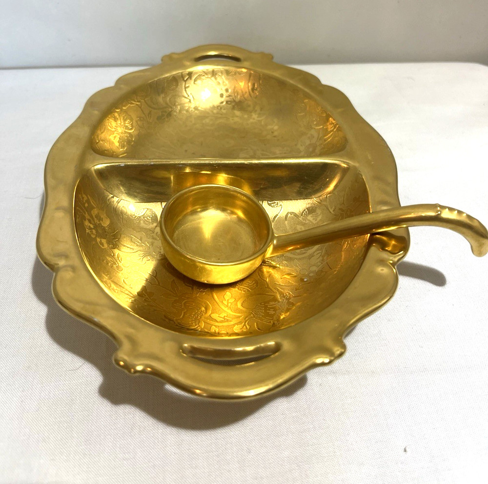 Vintage Stouffer Studio Gold Overlay Divided Serving Dish with Ladle spoon