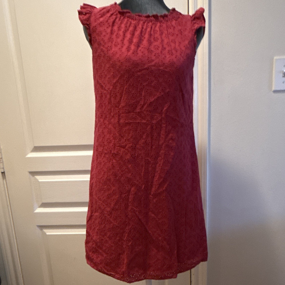 LOFT Red Cotton Eyelet Ruffle Shift Dress Cap Sleeve Round Neck Size 6