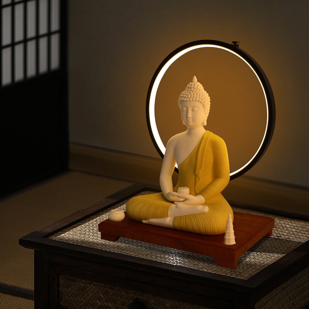 Indoor Ceramic Buddha Statues for Home Decor LED Circle Table Lamp w/Brocade Box