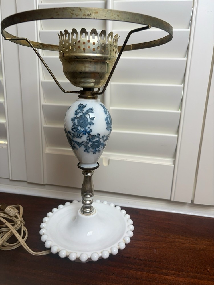 Vtg Milk Glass Lamp Blue Floral Cottage Boudoir Hobnail Base 13” Needs Repairs