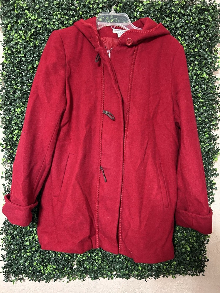 Vtg Covington Heavy Warm 100% Wool Hooded Coat Jacket Sz 8 Velvet Red Zip Up Y2K