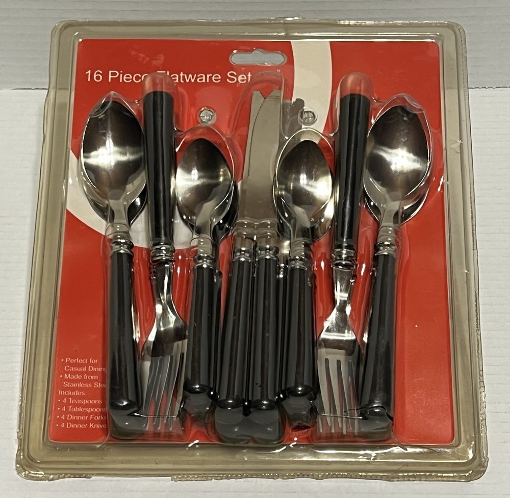 16 Pc Flatware Set Vtg Stainless Steel Spoon Fork Knife Black Handle East West