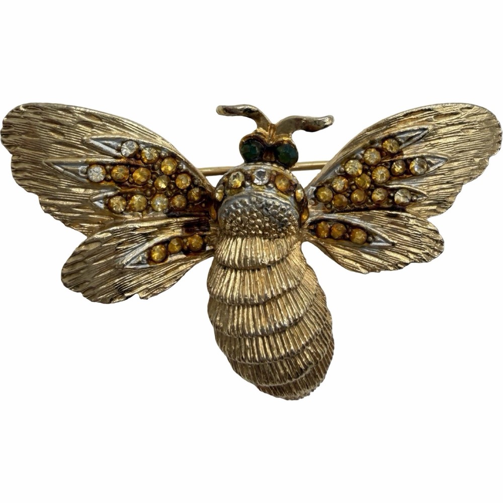 Vintage Signed Capri Bee Brooch Gold Tone Amber Rhinestone Green Eyes Figural