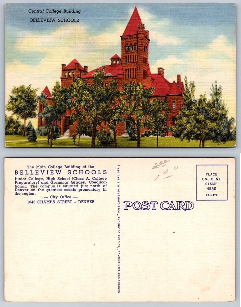 Belleview Schools Central College Building Denver CO Linen Postcard