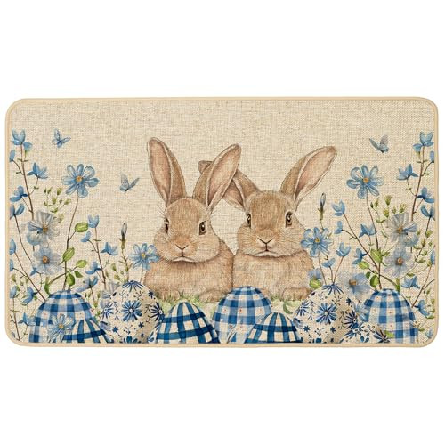 Easter Bunny Rabbits Blue Eggs Floral Welcome Doormat Rug 17x29 Inch