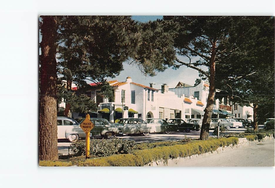 Postcard Enchanting Carmel California Ocean Avenue Shops Pines Vintage Cars CA