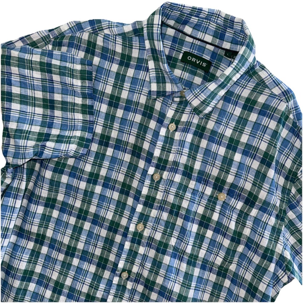 Orvis Shirt Mens Large 100% Linen Blue/Green Plaid Short Sleeve Button Up