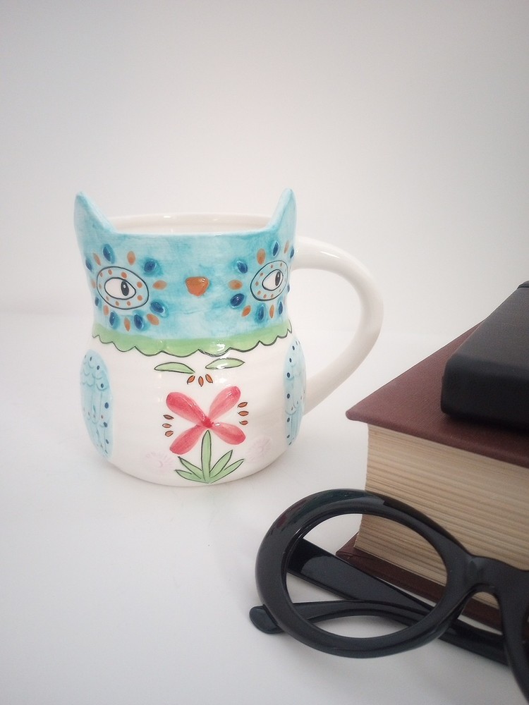 Hand-painted Pottery Ceramic Funky Blue Cat Ears Mug Coffee Pencils Boho Gift