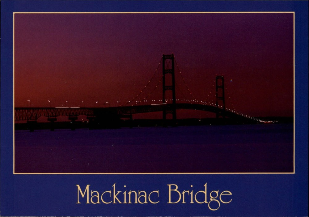 Mackinac Suspension Bridge Michigan at night ~ vintage postcard