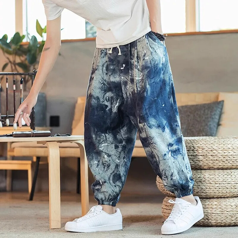 Men Printed Cotton Linen Drop-Crotch Casual Pants with Drawstring
