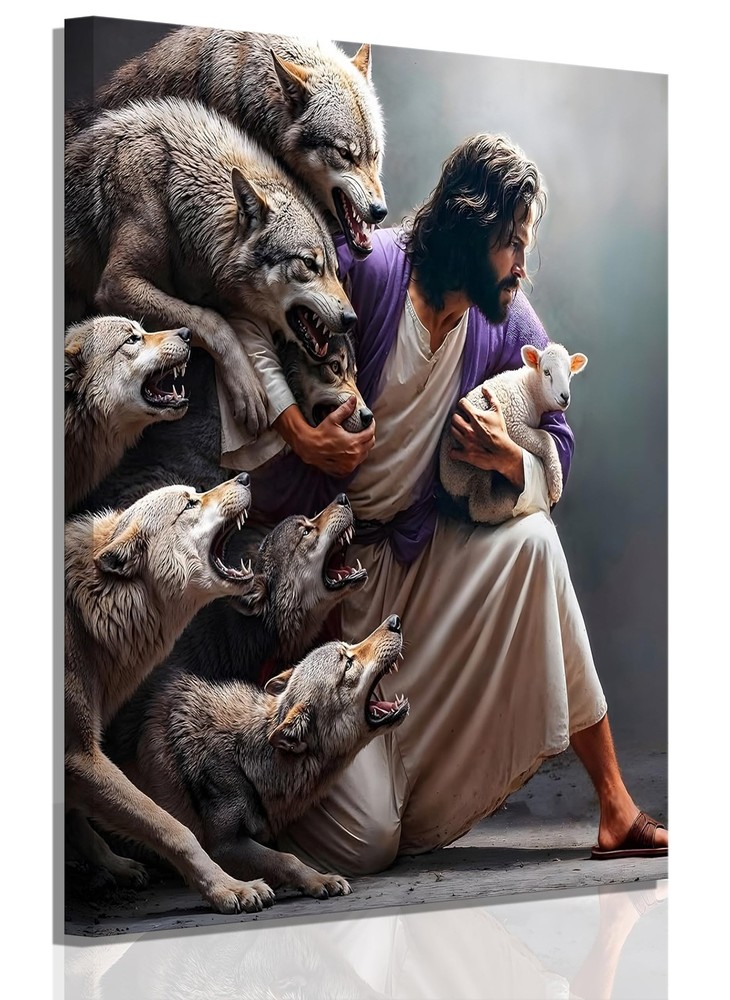 Framed Jesus and Lamb Canvas Wall Art Jesus Saves Lost Lamb Christian Paintin...