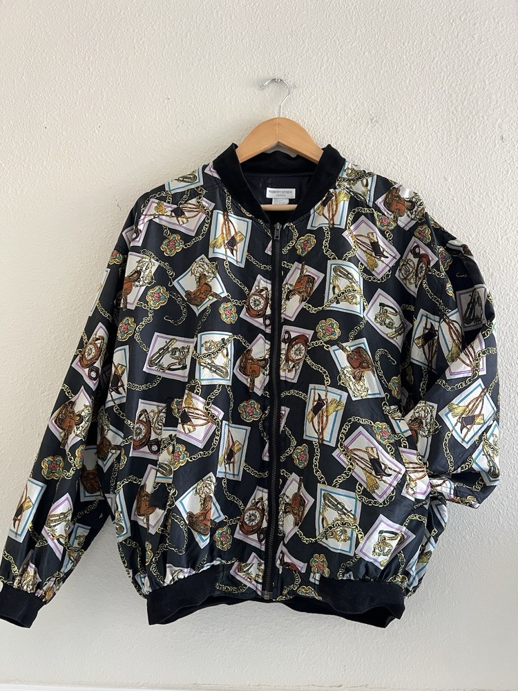 Robert Stock Vintage Silk Multicolor Bomber Jacket Medium Artsy Western Retro