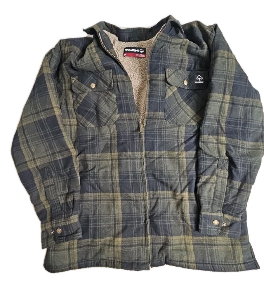 Wolverine Jacket Coat Mens Medium Green Plaid Sherpa Lined Flannel Workwear Coat