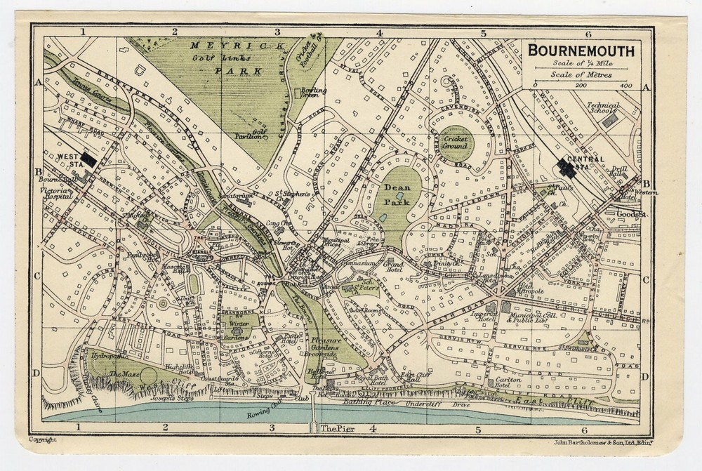 1924 Original Vintage City Map Of Bournemouth / England