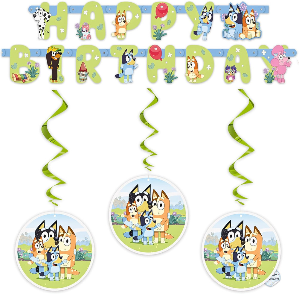 Bluey Birthday Banner and 3 Hanging Swirl Decorations - Bluey Birthday Decoratio