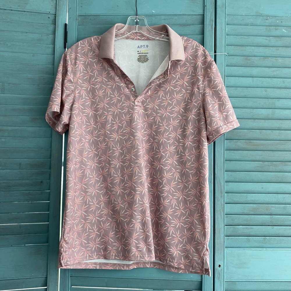 APT.9 Pink Leaves Button Polo Shirt Short Sleeve Sz M