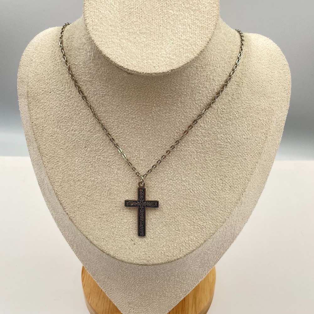 Vintage Ornate Celtic Style Etched Cross Pendant Silver Tone Long Chain Necklace