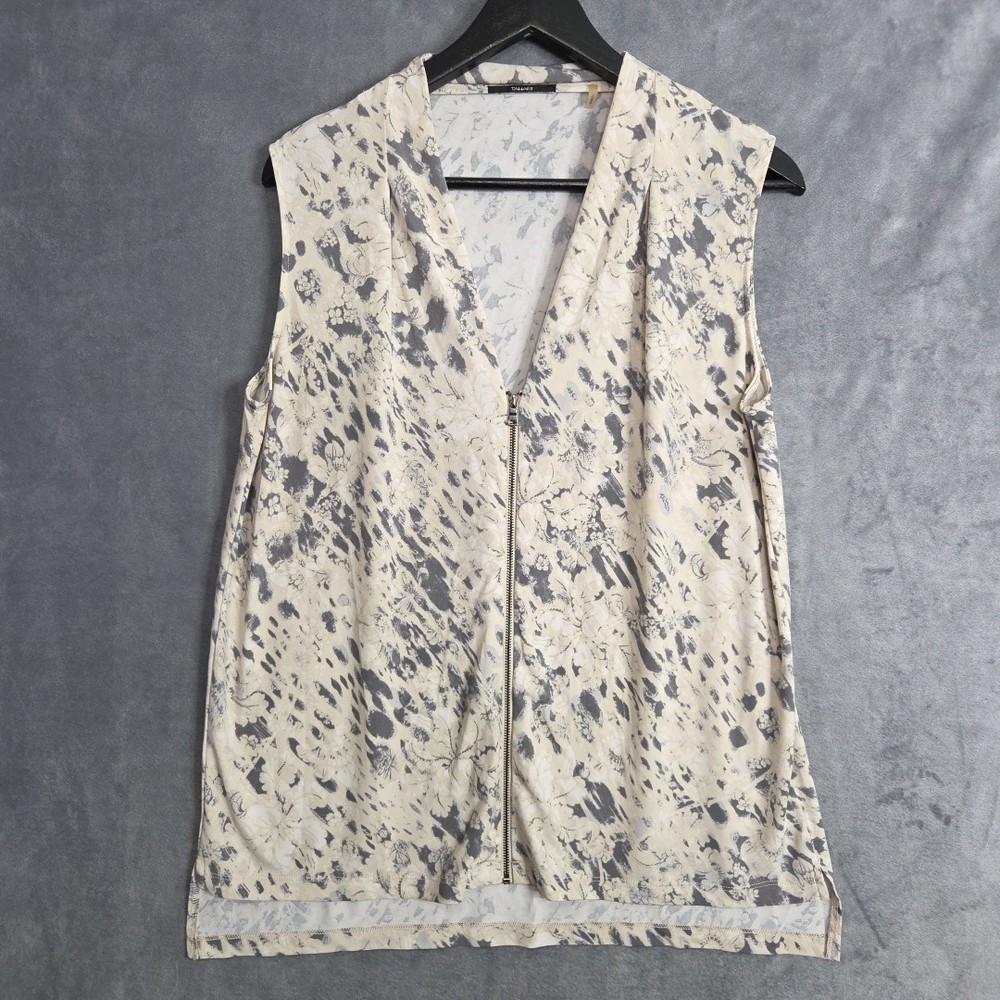 Tahari Women’s Sleeveless V‑Neck Front Full Zip Blouse Size M Beige‑Gray Dressy