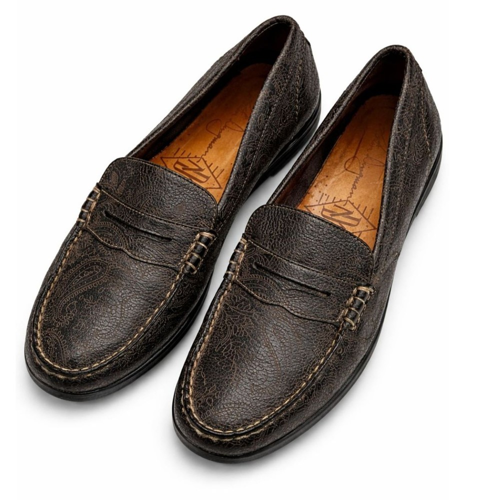 Martin Dingman Men’s Brown Leather Paisley Loafers Slip On Luxury Shoes Size 12