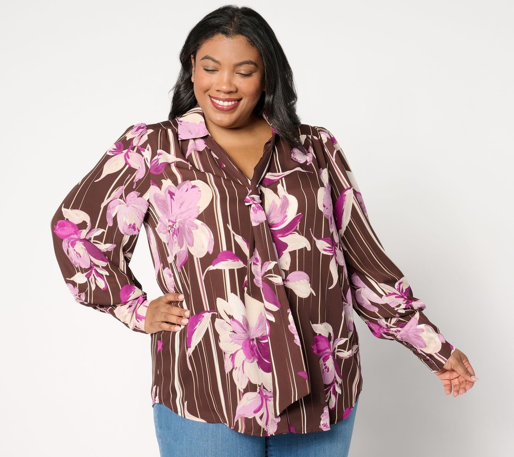 Dennis Basso Women's Top Sz XL Printed Woven Blouse Balloon Multi-colored