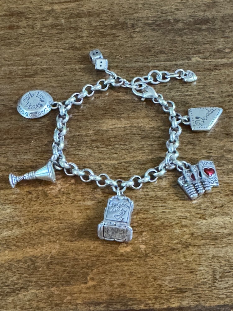 Brighton Las Vegas Charm Bracelet Silver Tone Enamel Slots Cards Dice Nevada Casino Theme