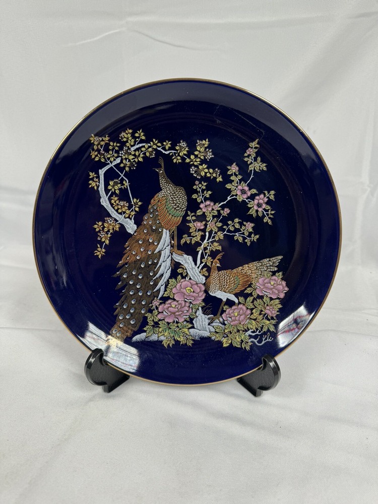 Japanese blue Enamel Peacock Plate Vintage Otagiri Porcelain Kutani Decorative