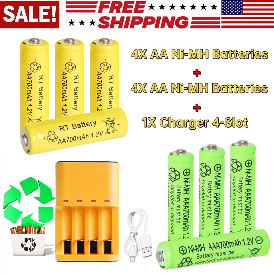 4Pcs AA & 4Pcs AAA Rechargeable Batteries 1.2V Ni-MH + USB Smart Charger 4-Slot