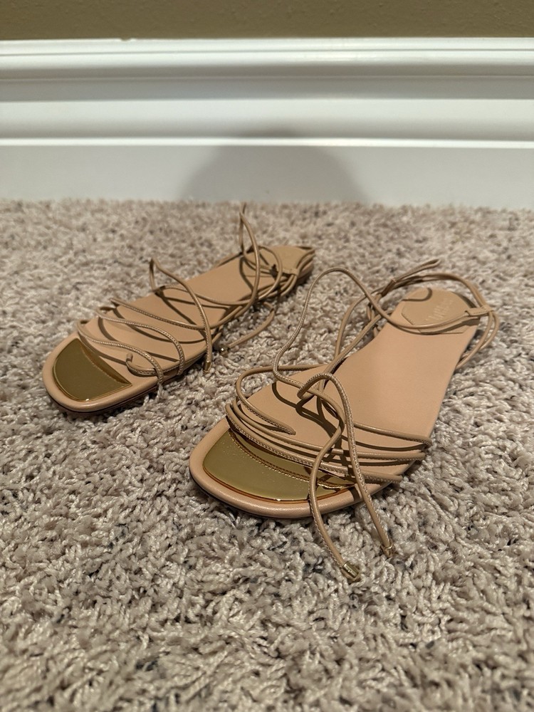 NEW Schutz Mikaella Strappy Beige Flat Sandals with Open Toe Design Size 7.5