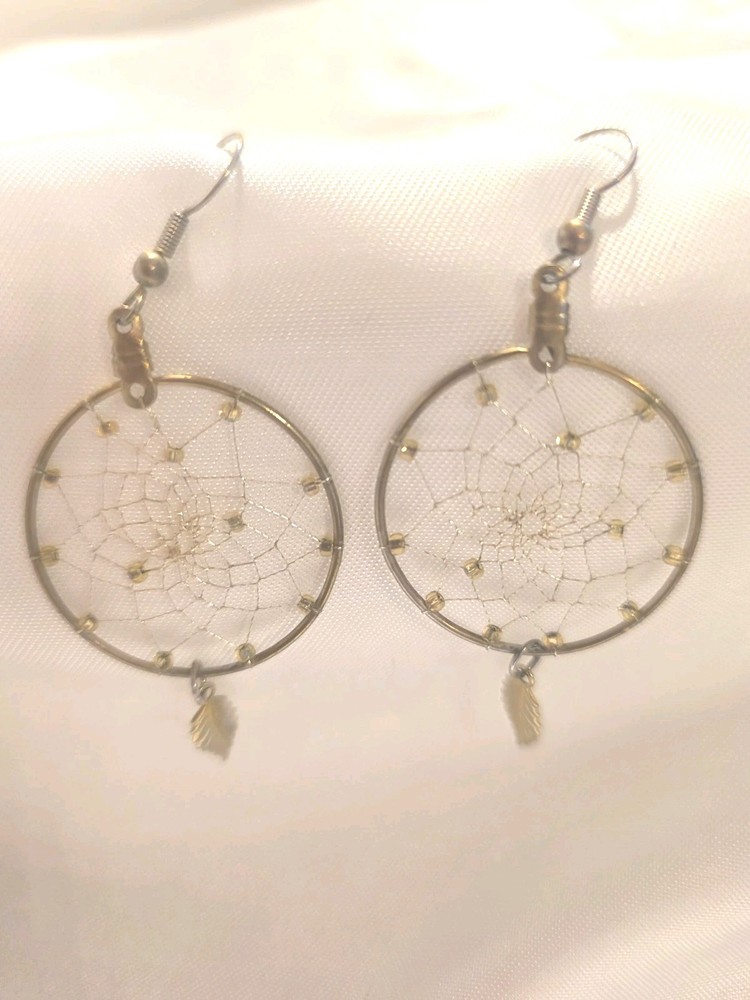 Nice Look Vtg Costume Gold Tone Dream Catcher Dangle Pierced Earrings Jewelry