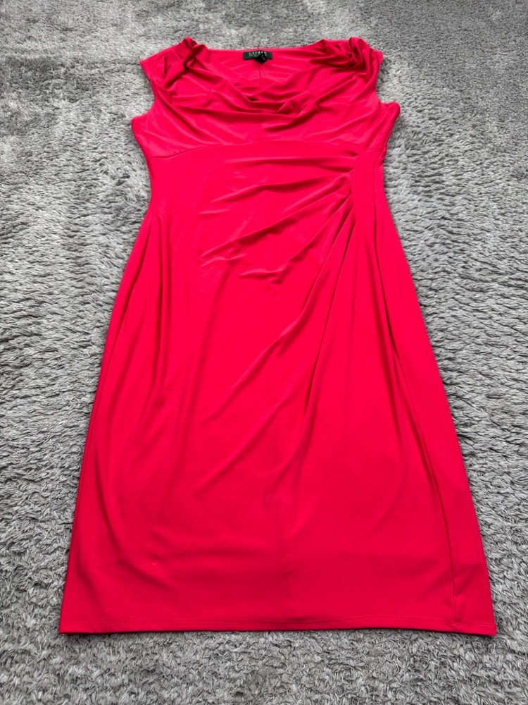 Ralph Lauren Dress Women 16 Red Ruched Cowl Neck Slouchy Sleeveless Sheath Midi