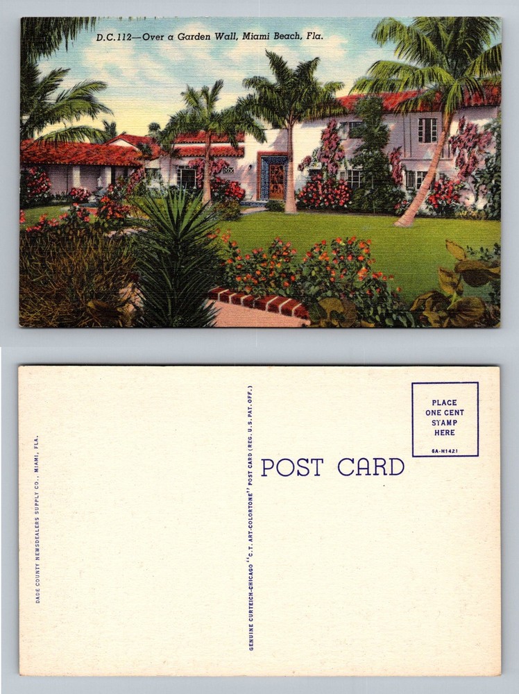 Miami Beach, FL-Florida, Over A Garden Wall Tropical Home Vintage Postcard