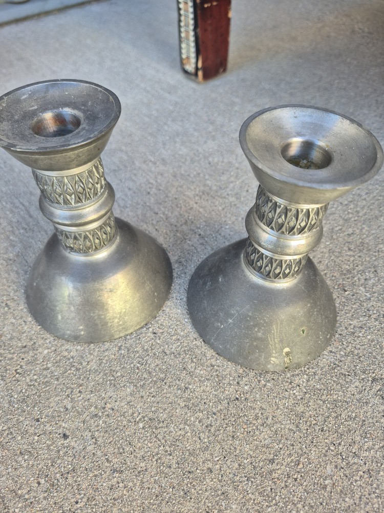 Set of 2 Silver Metal Round Taper Candle Holders, Decorative Design