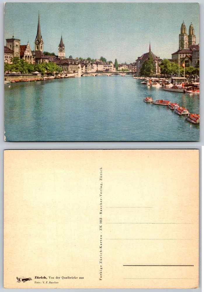 Vintage Zurich Switzerland Limmat River Grossmünster Fraumünster Postcard