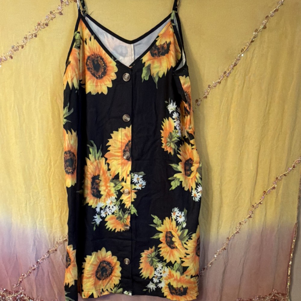Black Yellow Sunflower Print Mini Dress Sleeveless V-Neck Button Spaghetti Strap