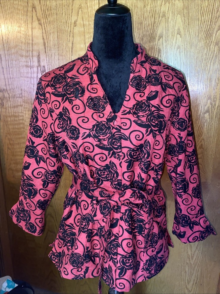 Vintage Silk Land Blouse Top Pink Black Roses 3/4 Sleeve Belted Artsy Floral