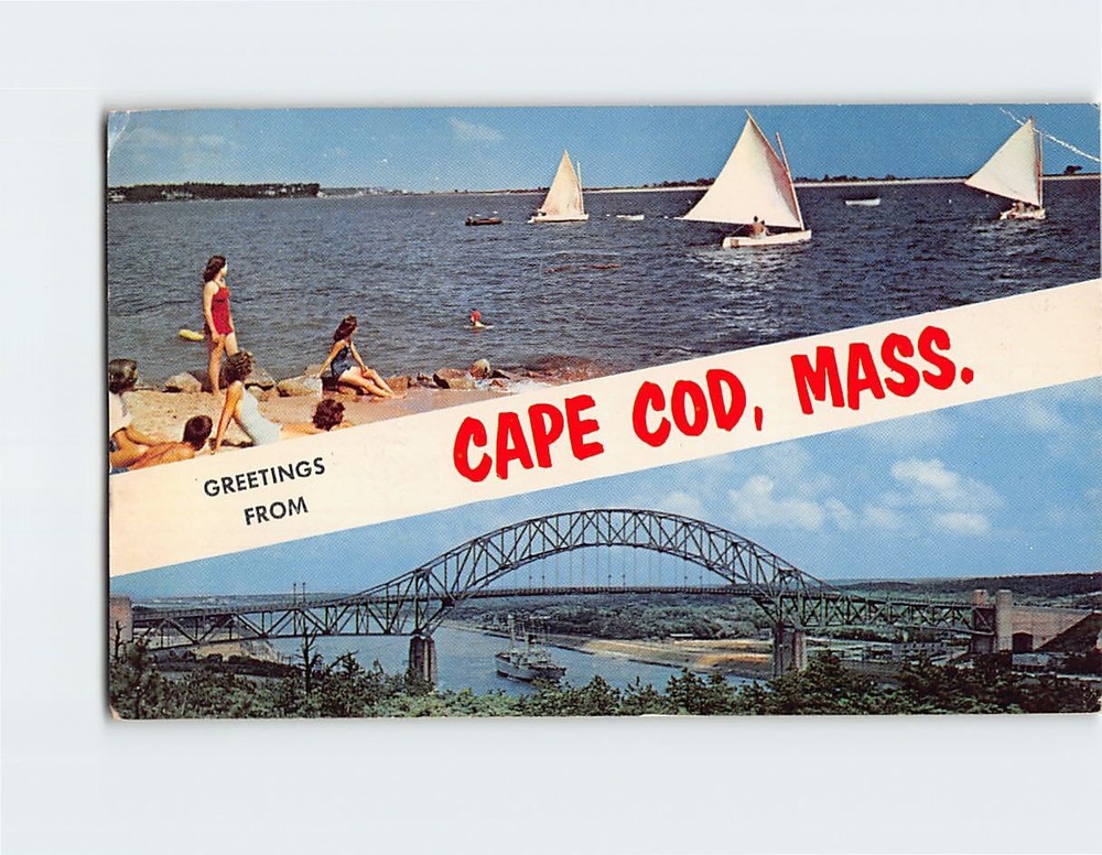 Postcard Greetings From Cape Cod Massachusetts -Sail At sand Shores & Bridge