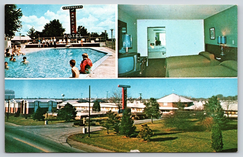 Roadside~Crossroads Of America Motel Vandelia Ohio~Pool & Room~Vintage Postcard