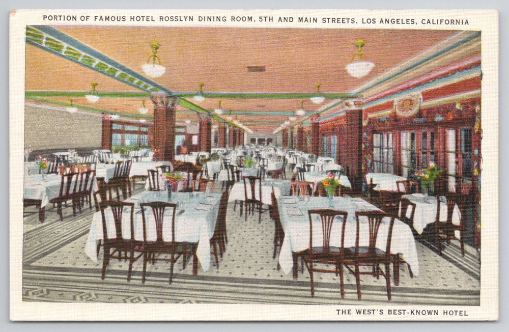 Hotel Rosslyn Dining Room Los Angeles CA Postcard Tichnor Linen 1930s
