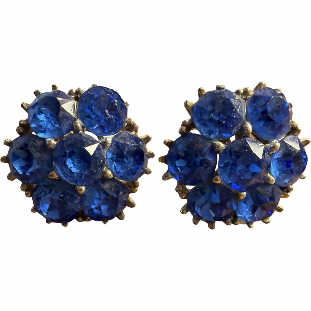 Vintage ORA Royal Blue Rhinestone Cluster Screw Back Earrings Silver Tone
