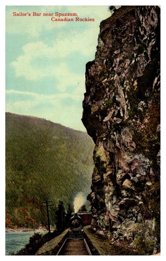 c1915 Train at Sailor’s Bar Near Spuzzum Canada Rockies Vintage Postcard
