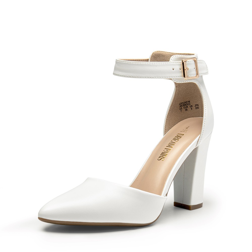 Women's Pointed Toe Ankle Strap Chunky Heel Dress Pumps for Wedding & Party