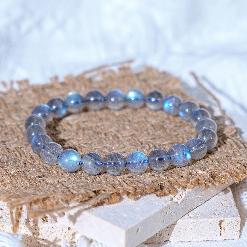 Natural Moonstone Stone Bracelet 7Mm Ice Blue Crystal Stretch Bracelet Handmade