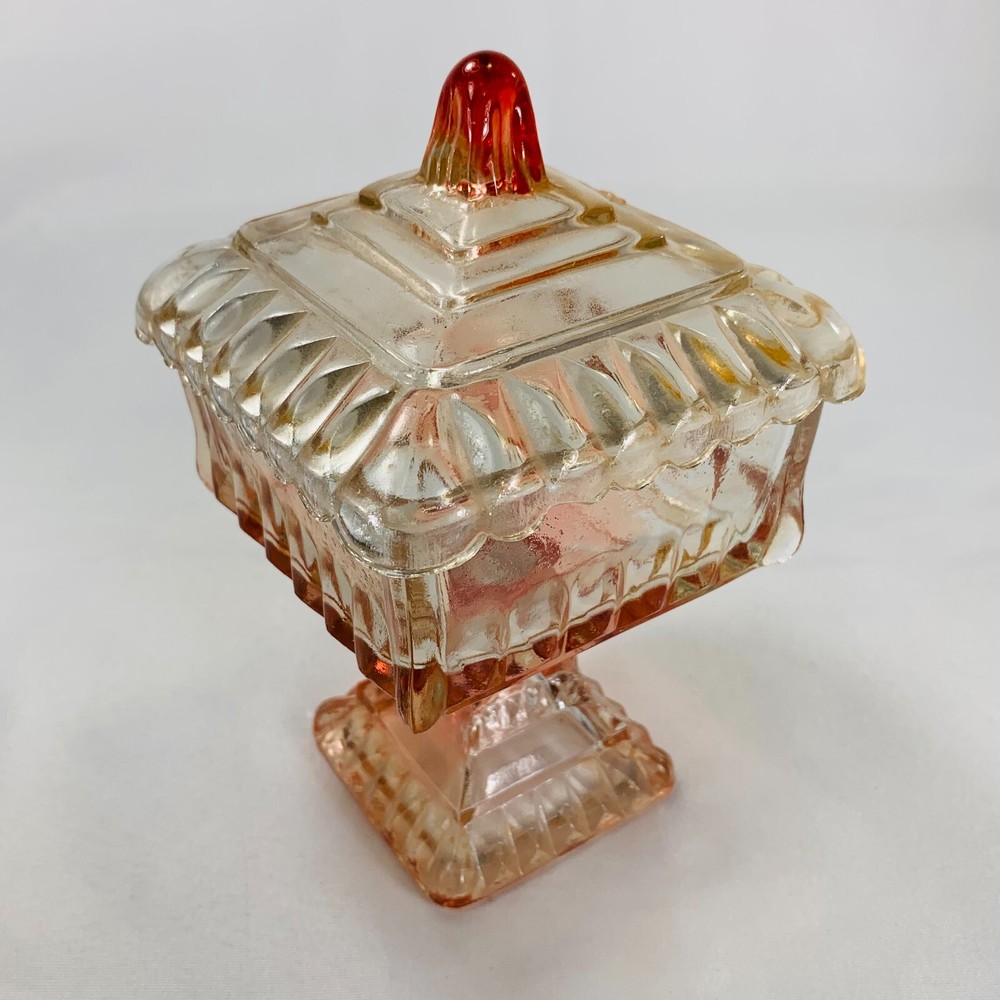 Reddish Pinkish Orange Ombre Depression Style Glass Covered Candy Dish