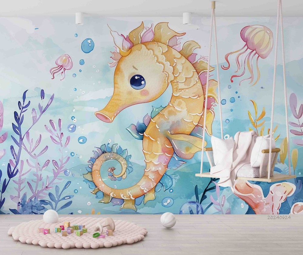 3D Seahorse Coral Watercolor Wall Murals Wallpaper Murals Wall Sticker 6