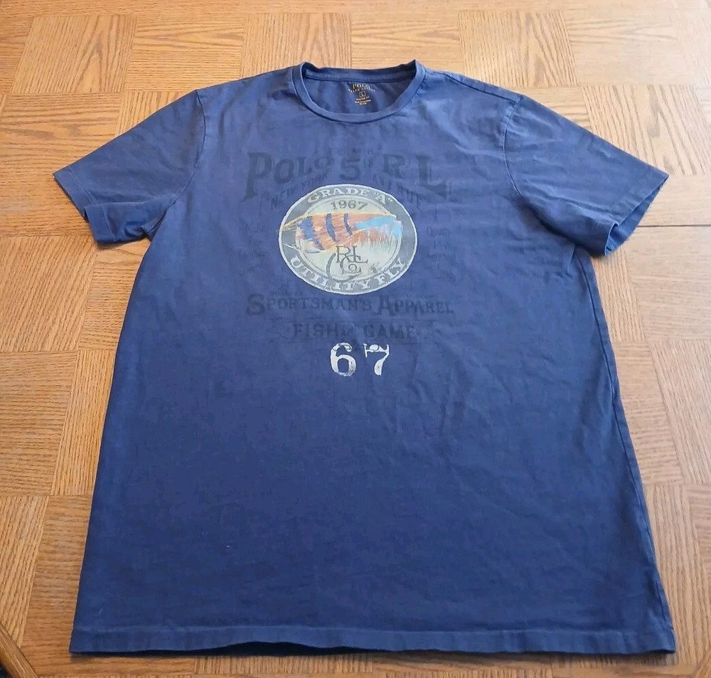 Polo Ralph Lauren T-Shirt Men Large Blue Graphic Sportsman Fishing Graphic