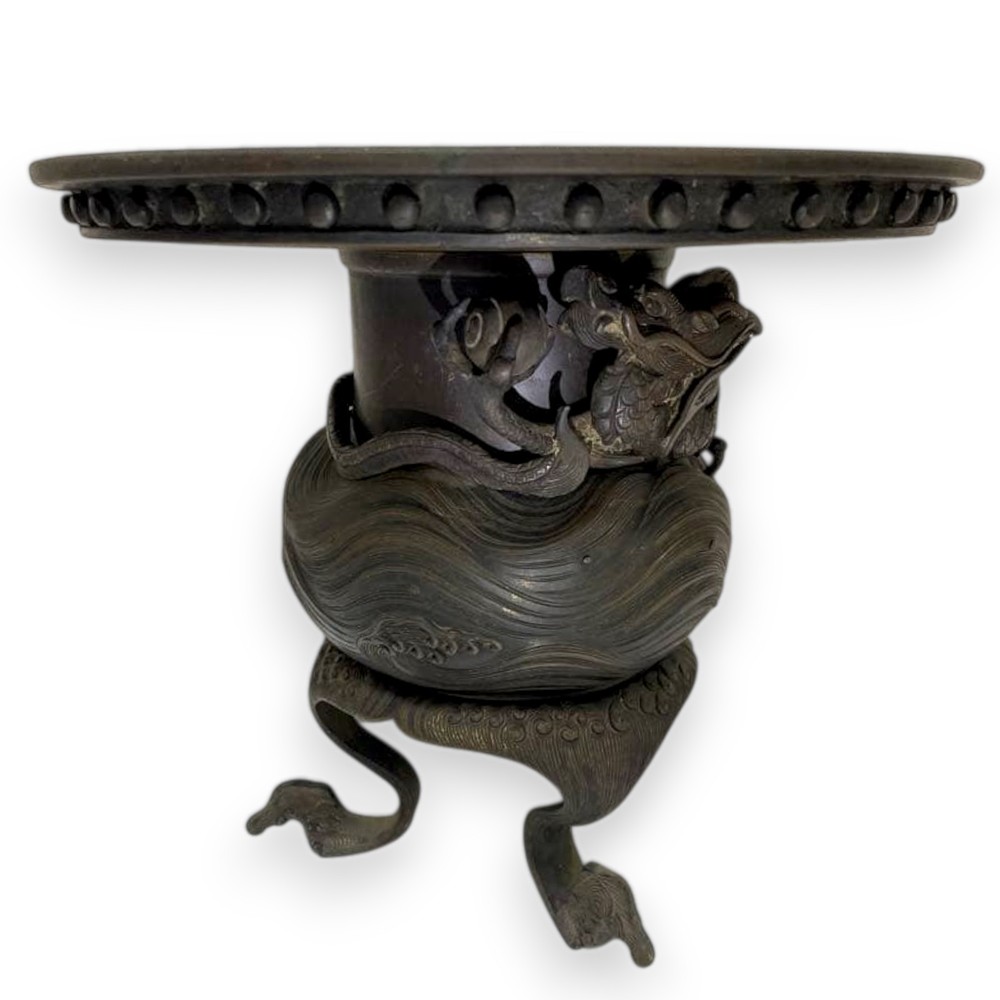 Japanese Bronze Vase Usubata Antique Metal Jar Vessel Dragon Metalwork 9.8 inch
