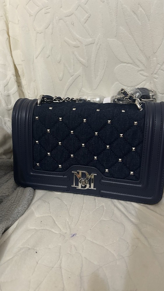 NEW Badgley Mischka Denim Diamond Quilted Crossbody White Pearls Vegan Leather